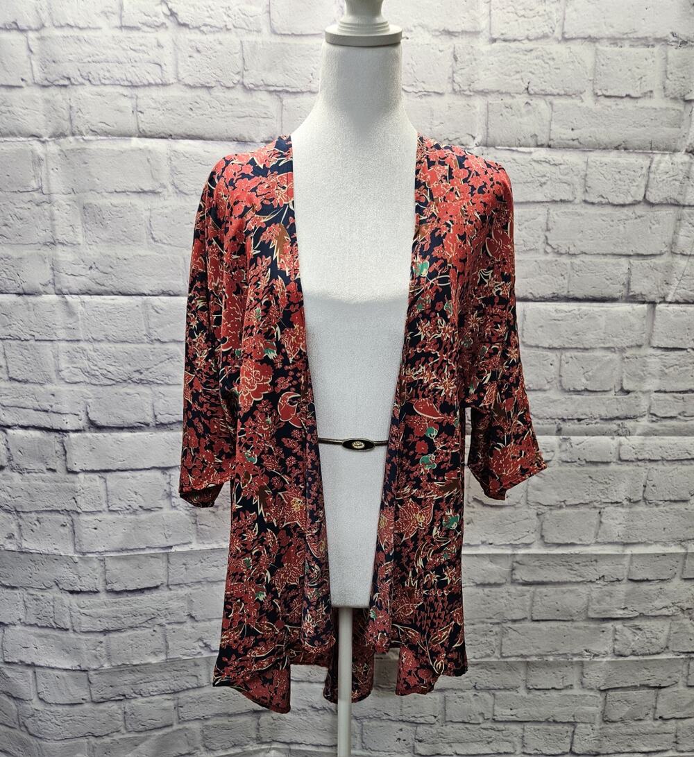 LuLaRoe Shirley Kimono Cardigan Floral Red Navy Lightweight Womens Size S Boho